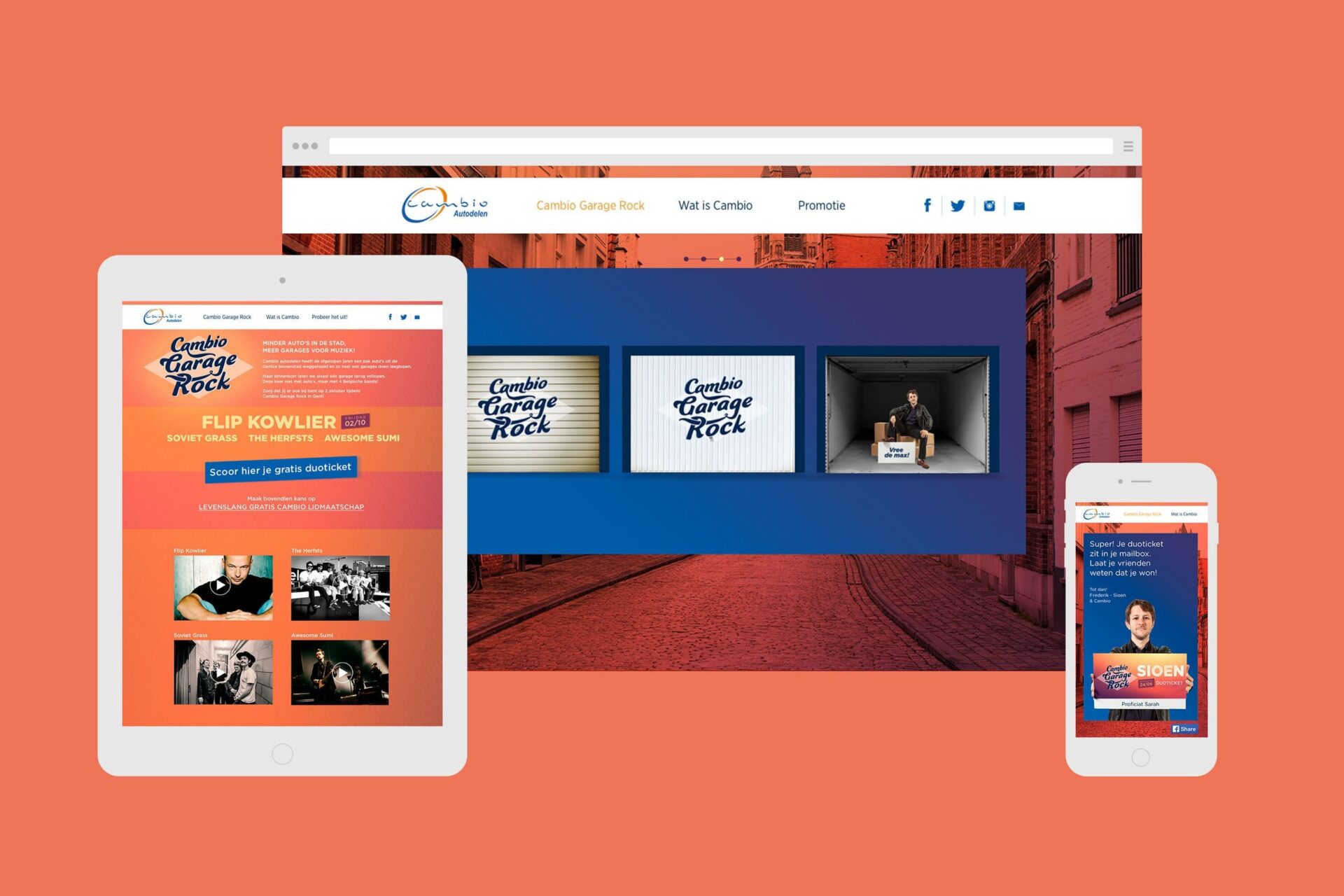 Cambio Garage Rock campagnewebsite op desktop, tablet en smartphone met Flip Kowlier promotie