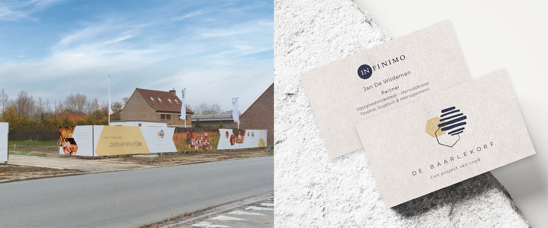 Mockup of business cards and construction site banners for De baarlekorf