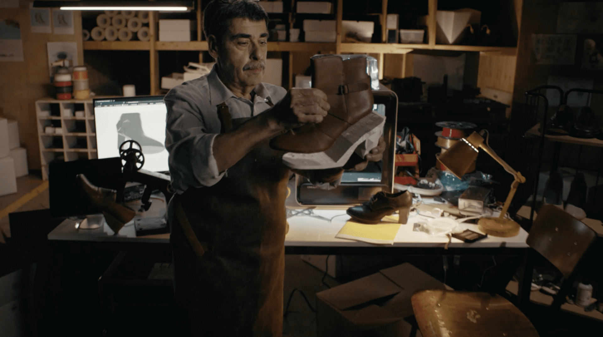 Stilbeeld uit de Europabank campagne met een schoenmaker aan het werk
