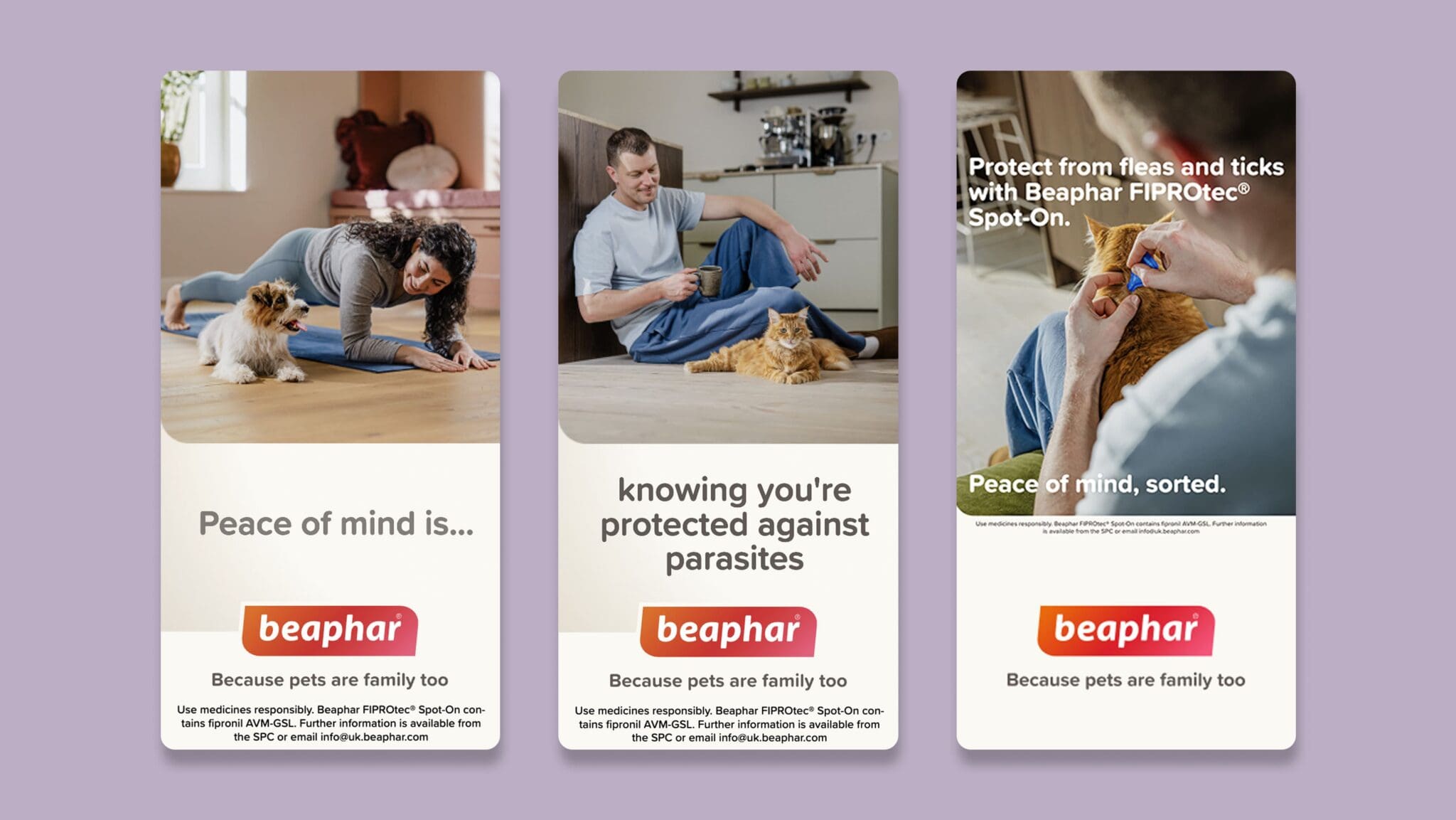 Three Beaphar FIPROtec Spot-On mobile ads showing pet owners with dog and cat, tagline "Because pets are family too"