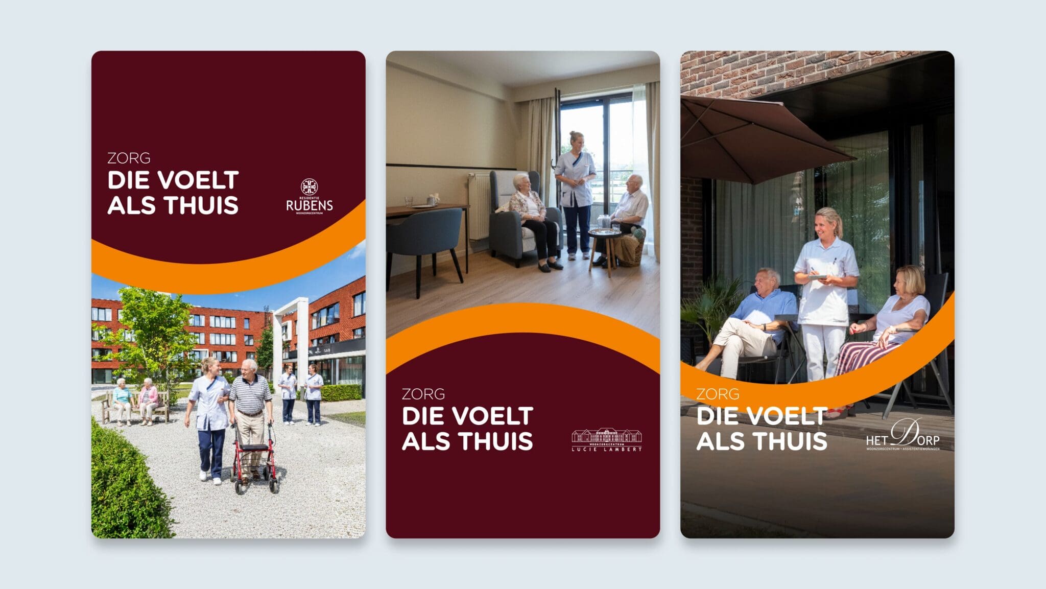 Drie mobiele advertenties voor Emeis woonzorgcentra met slogan 'Zorg die voelt als thuis' voor Rubens, Lucie Lambert en Het D