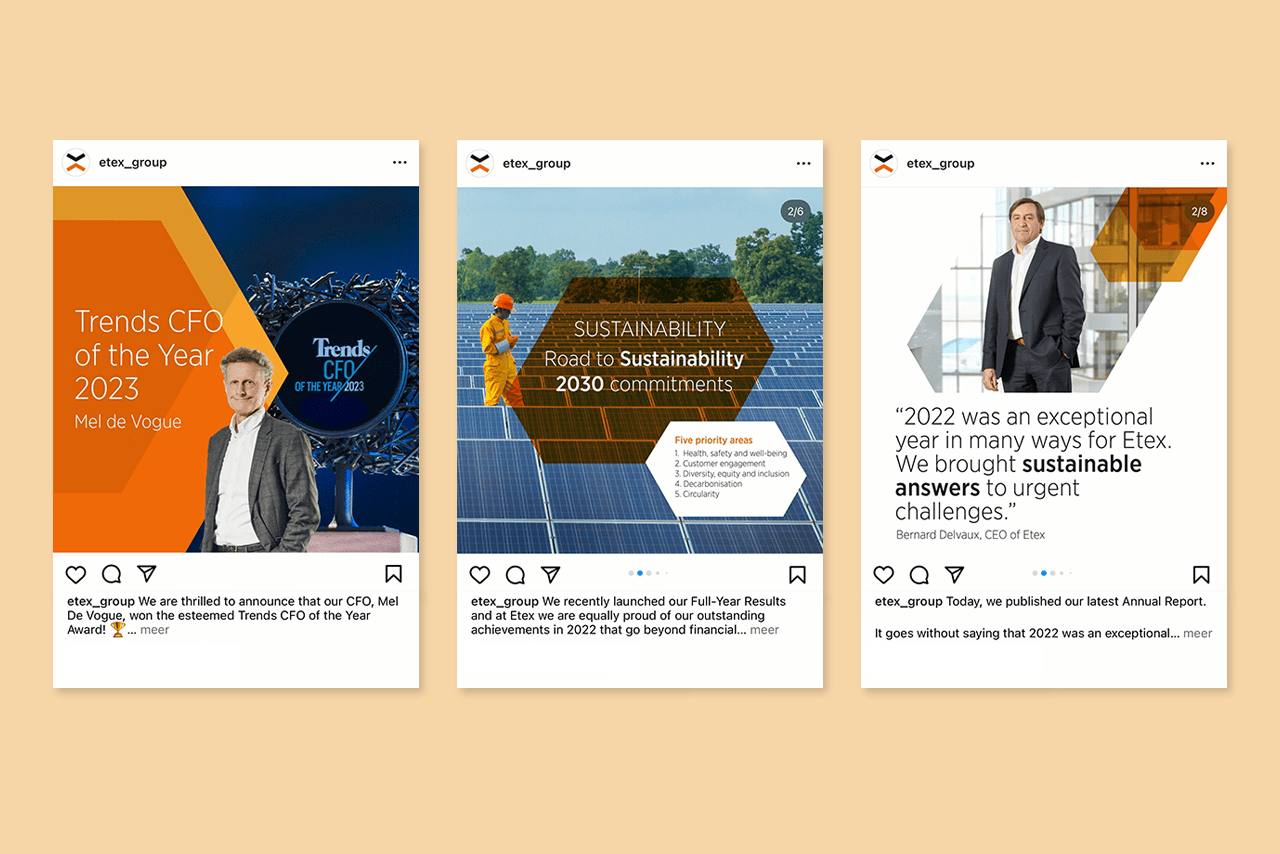 Drie social media mockups voor Etex Group over CFO of the Year 2023, duurzaamheid en jaarverslag