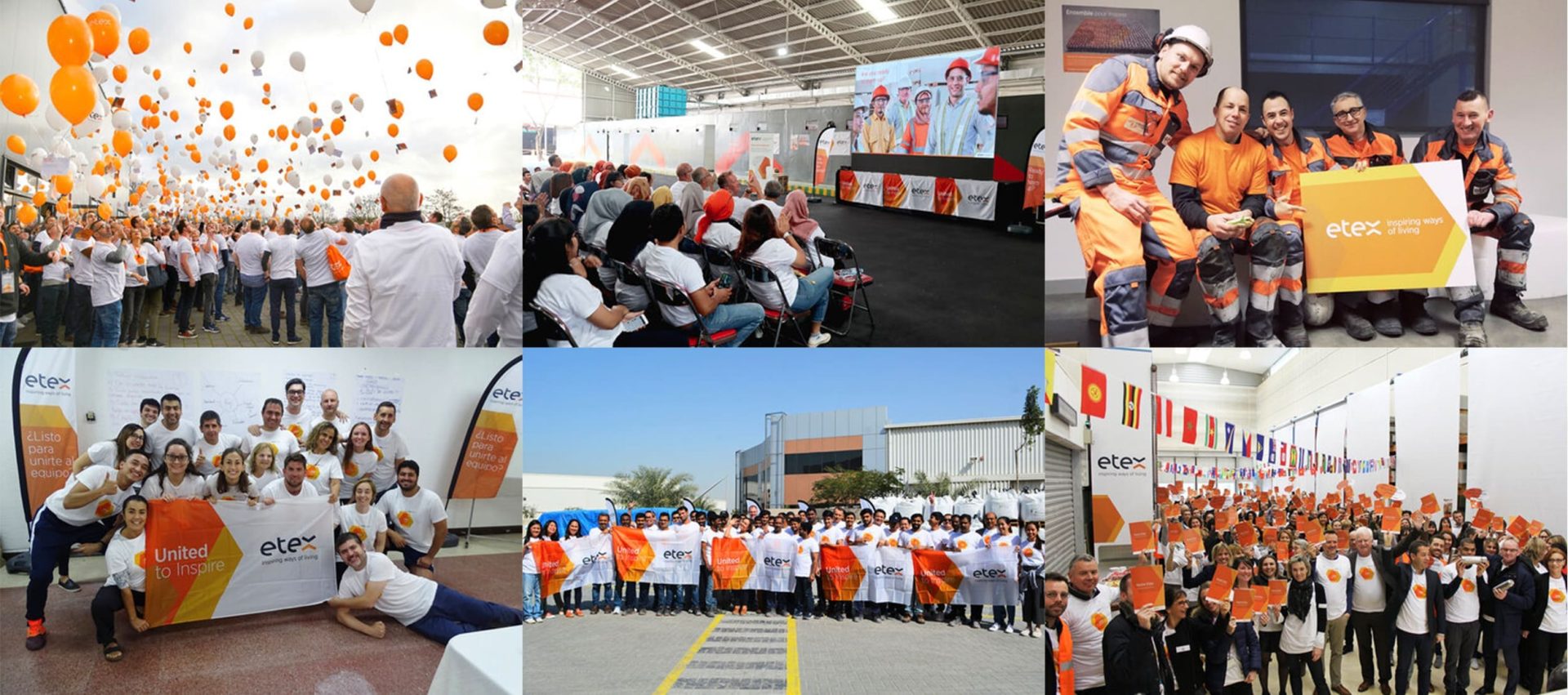 Etex medewerkers wereldwijd vieren samen met oranje ballonnen, groepsfoto's en teamevenementen op diverse locaties.