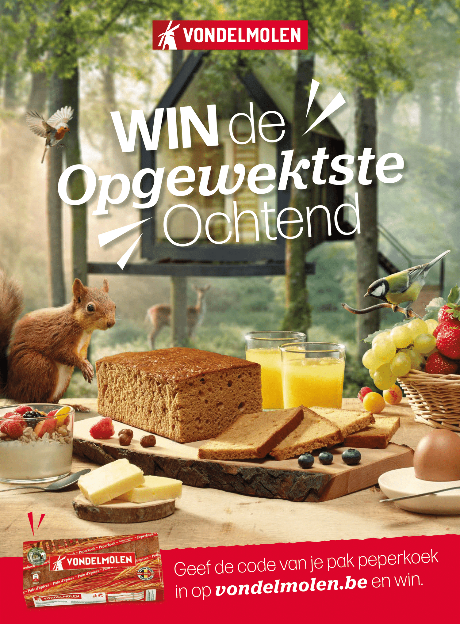 Vondelmolen campagnebeeld 'Win de Opgewektste Ochtend' met ontbijtscène, brood, sinaasappelsap en natuur