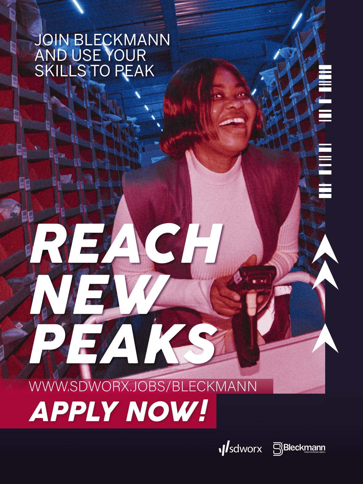 Bleckmann recruitment ad "Reach New Peaks" featuring a smiling warehouse worker with scanner, SD Worx campaign