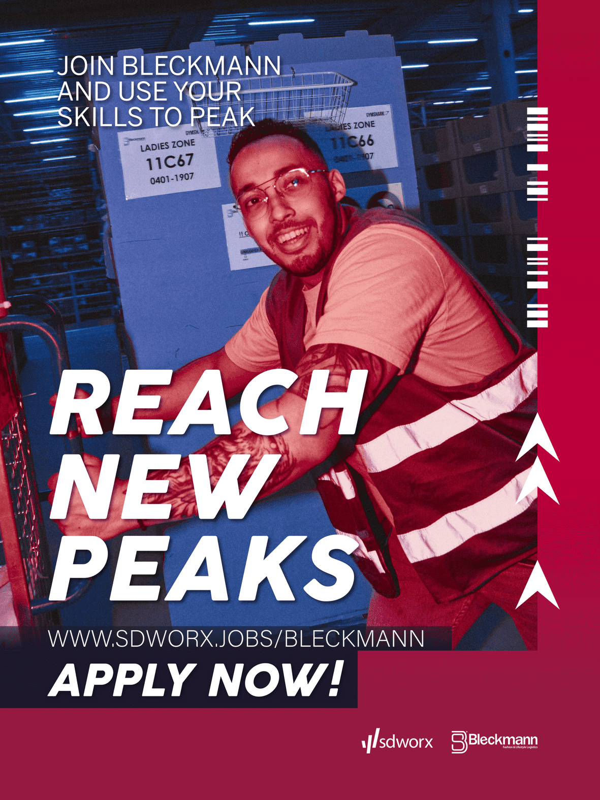 Bleckmann recruitment ad with warehouse worker: "Reach New Peaks" — join via sdworx.jobs/bleckmann