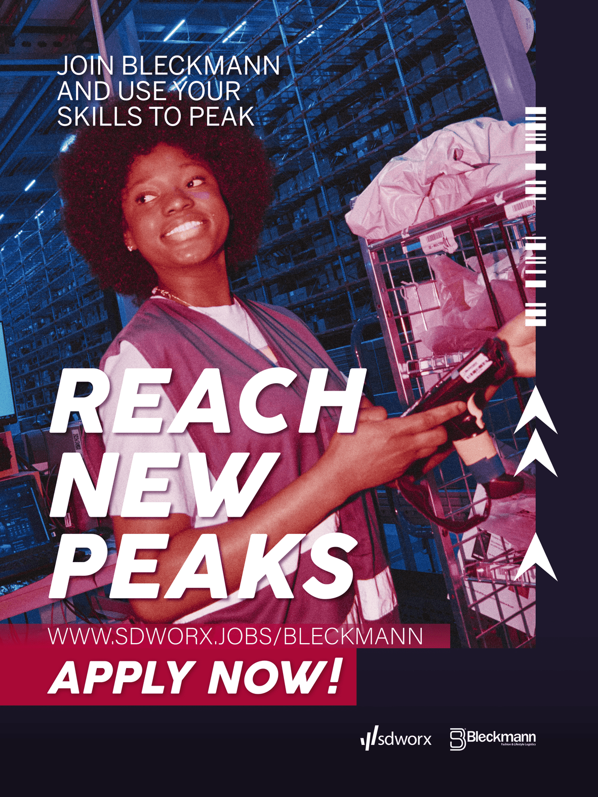 Bleckmann recruitment ad "Reach New Peaks" featuring a smiling warehouse worker, with SD Worx branding and apply call-to-acti