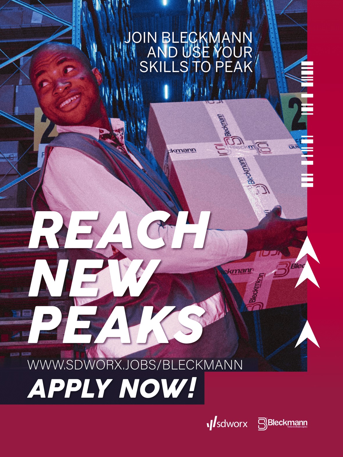 Bleckmann recruitment campaign: warehouse worker holding a box with "Reach New Peaks" headline and SD Worx branding